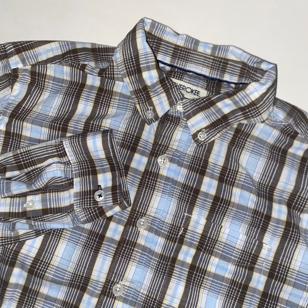 Cherokee Boys Large 12/14 Brown Blue Plaid Cotton Long Sleeve Button Down Shirt